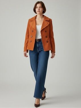 Vintage Pea Coat Blazer Double Breasted Wool Blend Rusty Orange Size Small